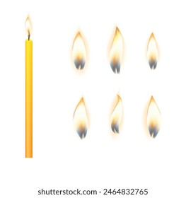 3d realistic white and paraffin or wax burning party candle and different flame of a candle icon set closeup isolated. Vector