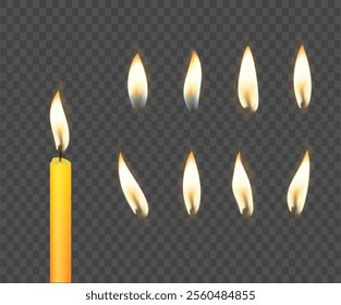 3d realistic white and paraffin or wax burning party candle and different flame of a candle icon set closeup isolated. Vector