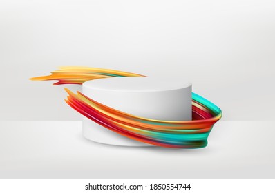 3d realistic white pedestal white background and colored paint brush strokes  Empty space design trendy mockup scene for product  Vector illustration EPS10
