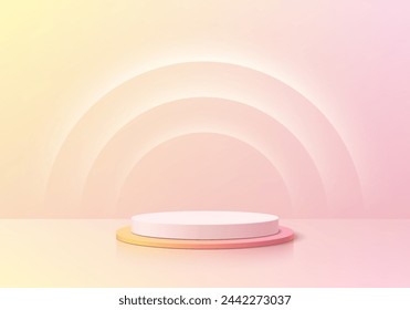 3D realistic white, pink cylinder podium background with glowing neon semi circles backdrop. Wall minimal scene mockup or products stage showcase, Banner promotion display. Vector abstract empty room.