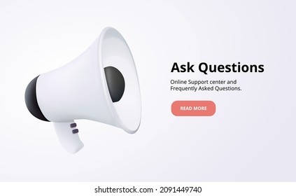 3d realistic white plastic megaphone with shadow isolated on white background. Vector illustration. Exclamations and Question Marks. FAQ concept. Online Support center. Ask Questions, receive Answers