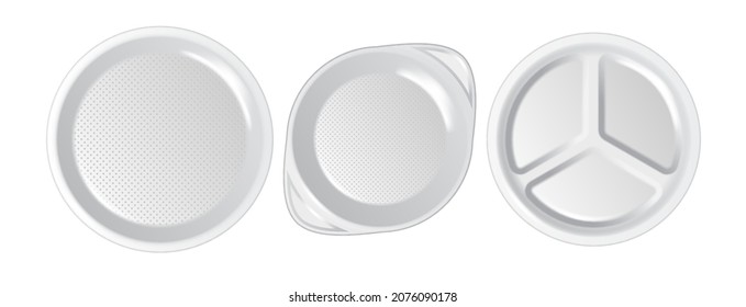 3d realistic white plastic or paper disposable food dish plate icon set isolated. Top view of disposable kitchenware. Design template, mock up for graphics, branding identity. Vector illustration