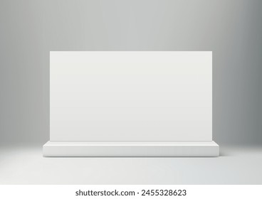 3D realistic white platform with white rectangle backdrop on the floor and gray wall background, minimal concept, product display, mockup, showroom, showcase. vector illustration