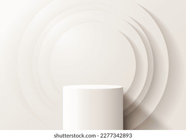 3D realistic white podium cylinder shape with circle layer backdrop and lighting on minimal wall scene clean background. You can use for cosmetic mockup presentation, promotion sale and marketing