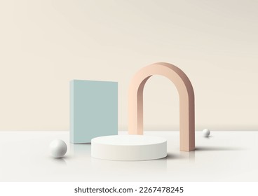 3D realistic white podium platform stand decoration with geometric elements pastel colors minimal wall scene on beige background. Product display mockup for beauty cosmetic, showroom, showcase