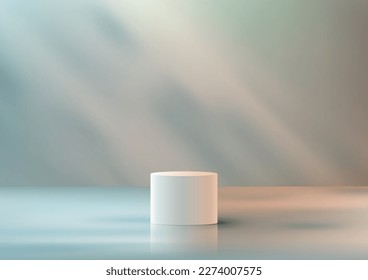 3D realistic white podium platform stand with leaf shadow natural light on minimal wall scene blue background. Product display for beauty cosmetic advertising, mockup product showcase, business