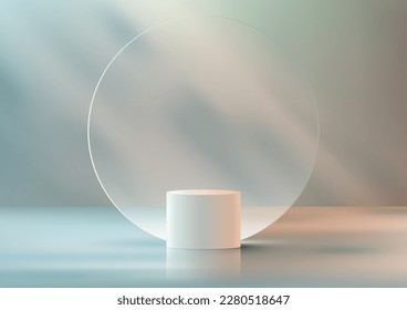 Soporte de plataforma 3D de podio blanco realista con fondo de vidrio transparente de círculo y sombra de hoja luz natural en el fondo azul de la escena de la pared mínima. Exposición de productos para publicidad estética de belleza