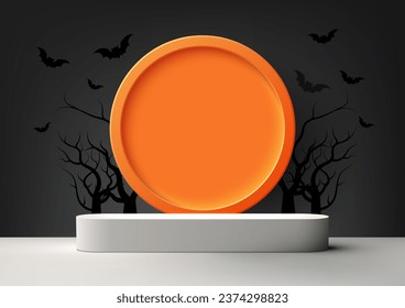 3D realistic white podium product display mockup on black wall background with orange circle backdrop decoration black dead tree and bats. Perfect for Halloween-themed products. Vector illustration