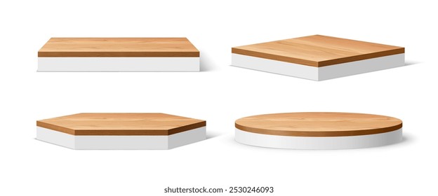 3d realistic white podium stage with wooden floor plates. Isolated vector geometric platforms or pedestals with polished wood top. Round, hexagonal and square exhibit stands for product presentation