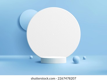 Soporte de podio blanco realista 3D con círculos de fondo decoración bolas de esfera sobre fondo azul. Exposición de productos para cosméticos de belleza, sala de estudio, sala de exposición, escaparate, presentación, etc. Vector