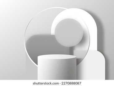 3D realistic white podium stand with rounded geometric, circle glass transparency backdrop on gray background. You can use for product presentation, cosmetic display beauty mockup, showcase, etc.