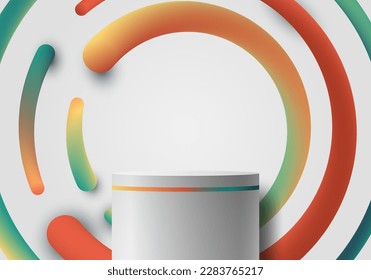 3D realistic white podium stand with bright color rounded lines circles pattern on white background. You can use for product presentation, cosmetic display mockup, showcase, etc. Vector illustration