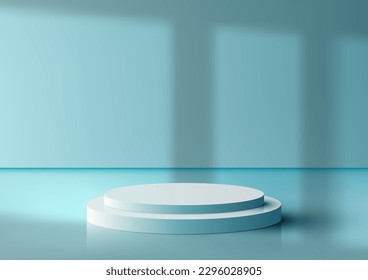 3D realistic white podium stand on light blue background with window lighting. Product display for beauty cosmetic advertising, mockup product showcase, business presentation, showroom, exhibition