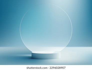 3D realistic white podium stand with circle transparent glass backdrop and natural light on minimal wall scene blue background. Product display for beauty cosmetic advertising, mockup product showcase