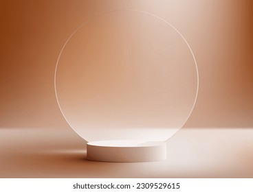 3D realistic white podium stand with circle glass backdrop and natural light on minimal wall scene brown background. Product display for beauty cosmetic advertising, mockup product showcase, business