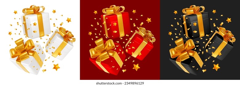 3d realistic white, red, black satin luxury gift boxes with golden ribbon and bow flying with gold tinsel and stars. Holiday, celebration concept. Vector illustration