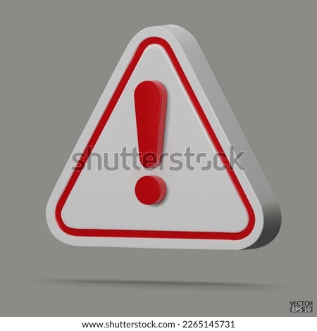 3d Realistic white and red triangle warning sign isolated on gray background. Hazard warning attention sign with exclamation mark symbol. Danger, Alert, Dangerous attention icon.3D Vector illustration