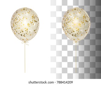 3d realistic white shine transparent helium balloon with golden confetti isolated in the air. Festive Party decorations for holiday, birthday, anniversary, celebration. Vector illustration
