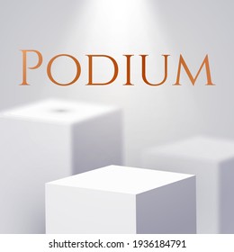 3D realistic white square podium with soft light. Cube showcase. Product display.
