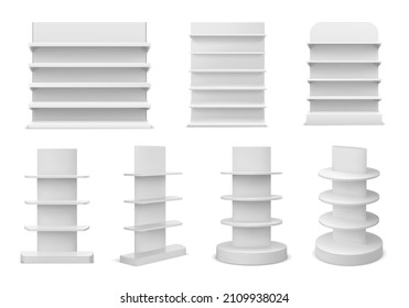 3d realistic white supermarket shelving display and bookstore racks. Empty market, shop or store shelf. Promotion stand mockup vector set. Showcase for product marketing, commercial presentation