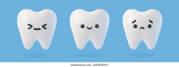 Dientes blancos realistas en 3D con diferentes emociones. El vector se hace una sonrisa graciosa y bonita y triste de los personajes de los dientes. Condiciones de salud dental de dibujos animados, ilustración de dolor de dientes. Concepto de ortodoncia y odontología