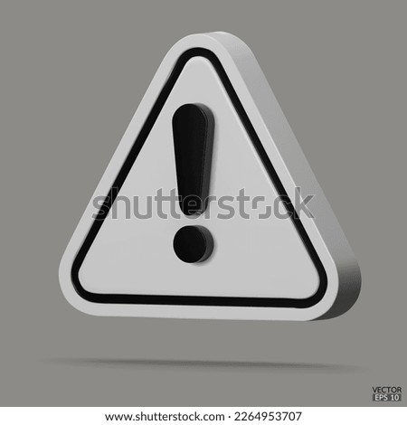 3d Realistic white triangle warning sign isolated on gray background. Hazard warning attention sign with exclamation mark symbol. Danger, Alert, Dangerous attention icon. 3D Vector illustration.