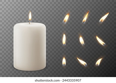 3D Realistic White Vector Paraffin Wax Burning Spa Candle with Glowing Flame Set Closeup Isolated. Candle Design Template for Relaxation, Wellness, Celebration Concept, Front View