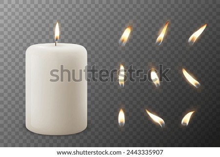 3D Realistic White Vector Paraffin Wax Burning Spa Candle with Glowing Flame Set Closeup Isolated. Candle Design Template for Relaxation, Wellness, Celebration Concept, Front View