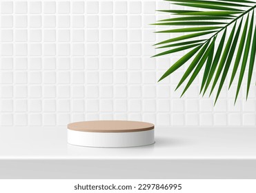 3D realistic white and wood cylinder pedestal podium with palm leaf on square tile background. Wall minimal scene mockup products stage showcase, Banner cosmetic promotion display. 3D vector abstract.