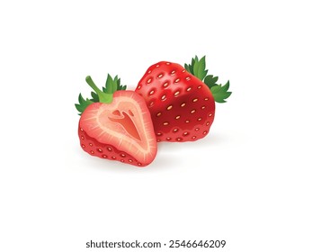 3D Realistic Whole and Slice of Strawberry. Transparent Isolated Vector Set of Strawberry. 3D Realistic Strawberry Vector Set | Whole and Sliced Strawberry Illustration Isolated on Transparent