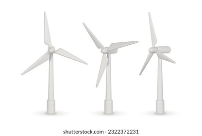 3d realistic wind turbine with shadow in cartoon style. Green and alternative eco energy concept. Vector illustration.