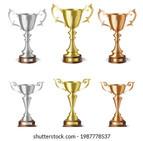 3d copa de ganador o trofeo realista para la ceremonia de la victoria en competencia. Goblet de oro, plata y bronce aislado para eventos deportivos o celebración de logros. Ilustración del vector