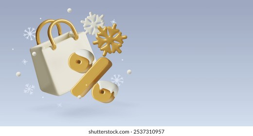 3d realistic winter shopping bag banner design with snowy percent sign and snowflakes. Gold and white luxury season sale background with copy space. Vector illustration.