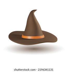 3D realistic witch hat. Vector illustration with a cartoon black and orange magical headgear. Isolated clipart for Helloween