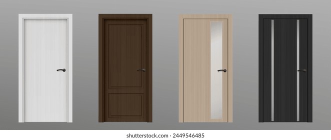 3d realistic wood front door inside modern house. Isolated office interior gate design with glass and handle. New simple white and elegant brown room entry object frame different asset closeup.