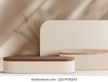 Plataforma de podio de madera 3D realista con decoración de soporte con hojas de palma doradas y sombra de hoja de árbol natural fondo de pared mínima sobre fondo beige. Pantalla para spa y belleza, producto cosmético