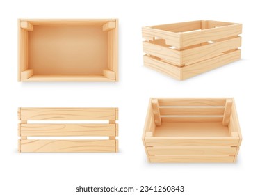 3d realistic wooden box for fruits and vegetables. Empty and open brown box with wooden texture. Isolated vector object on white background.