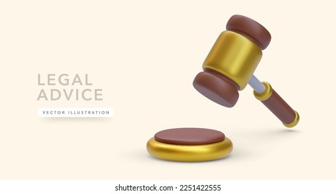 3d realistic wooden judge hammer isolated on a yellow background. Vector illustration