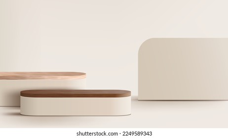 3D realistic wooden podium platform stand with backdrop minimal wall scene on beige background. Display for spa and beauty, cosmetic product presentation showcase, mock up stage, cosmetic product