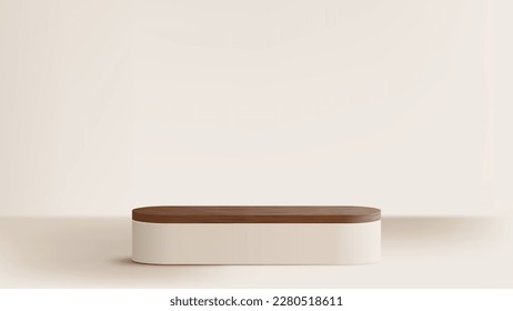 3D realistic wooden podium platform stand minimal wall scene on beige background. Display for spa and beauty, cosmetic product presentation showcase, mock up stage, cosmetic product display. Vector