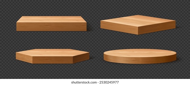 3d realistic wooden podium stage pedestals, plates, displays or stages. Vector circular, square and hexagonal studio stands or platforms with natural wood grain texture. Boards for showcasing products