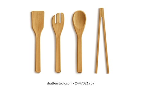 Cuchara de madera realista 3d y cubiertos de cocina de tenedor. Juego de Vector aislado de utensilios de mesa de bambú. Espátula de cocina e icono de palillo para la cena del restaurante. Diseño de vajilla desechable y reciclable