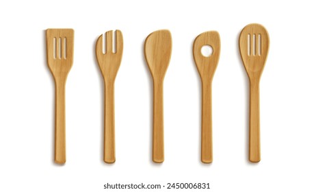 3d realistic wooden spoon and fork kitchen cutlery. Bamboo tableware utensil isolated vector set. Cooking spatula icon for restaurant dinner. Disposable and recycle dishware design