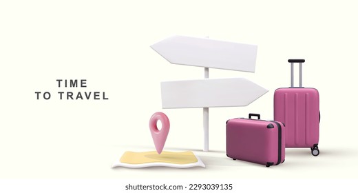 3d realistic world travel concept with map, pointer and handbags. Vector illustration.