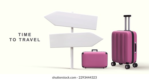 3d realistic world travel concept with pointer and handbags. Vector illustration