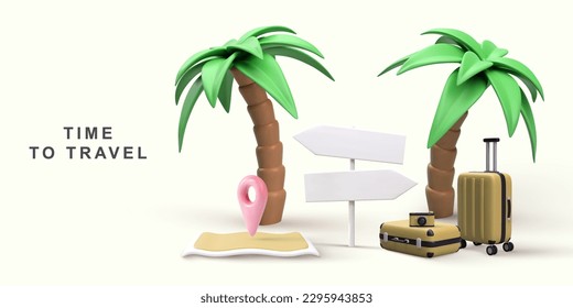 3d realistic world travel concept with palm trees, camera, map, pointer and handbags. Vector illustration.