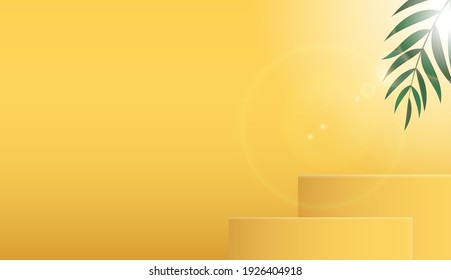 3D Fondo amarillo realista con podio y hojas de palma. Plantilla de diseño para productos cosméticos de moda. Ilustración vectorial
