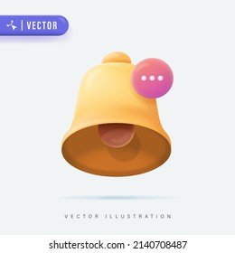 Ilustración del vector de notificación de campanas amarillas realistas 3D. Logotipo, icono o símbolo de notificación de la campana aislado en fondo blanco. campanilla amarilla con nueva notificación para recordatorio de medios sociales