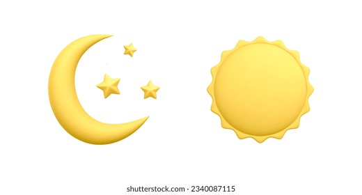 3d luna creciente amarilla realista con estrellas y sol aislados en fondo blanco. Ilustración del vector