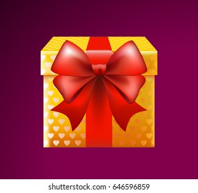 3d Realistic Yellow Gift Box with Red Bow on Black Background . Isolated Vector Element